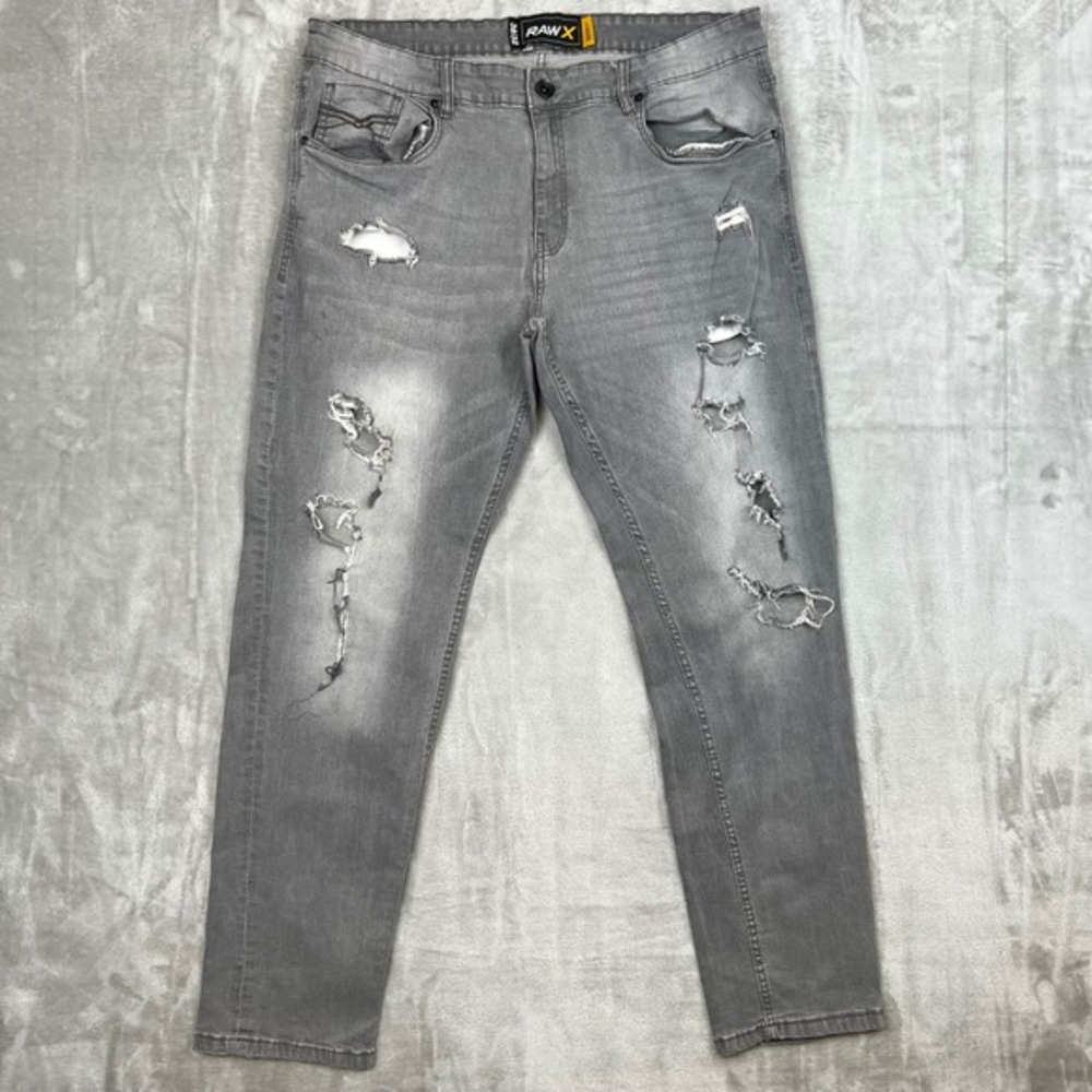 RAW X‎ Distressed Grey Skinny Fit Jeans Men Size 38x32 Ripped Denim Pants